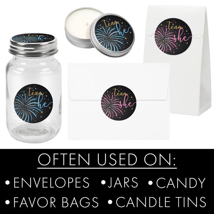 Fireworks Gender Reveal Party -Team He or Team She Stickers - 40 Stickers - Distinctivs Party