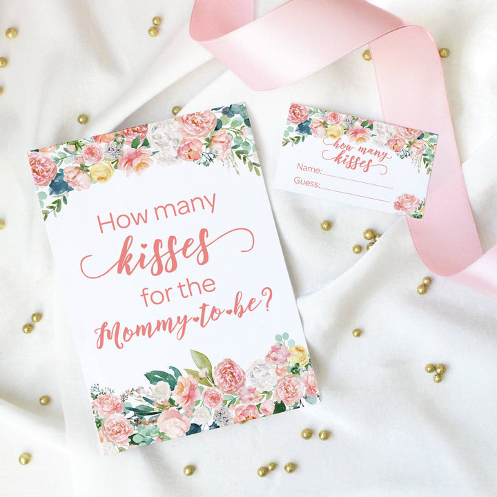 Floral How Many Kisses Baby Shower Game Sign + 30 Cards - Distinctivs Party