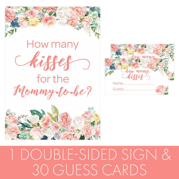 Floral How Many Kisses Baby Shower Game Sign + 30 Cards - Distinctivs Party