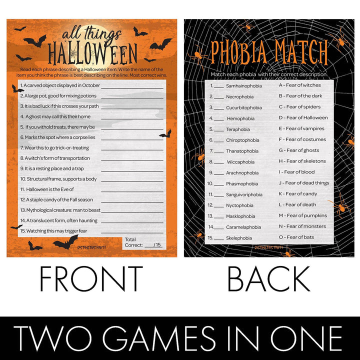 Full Moon: Halloween Party Game - All Things Halloween and Match the Phobia -  Two Game Bundle - 25 Dual Sided Cards - Distinctivs Party