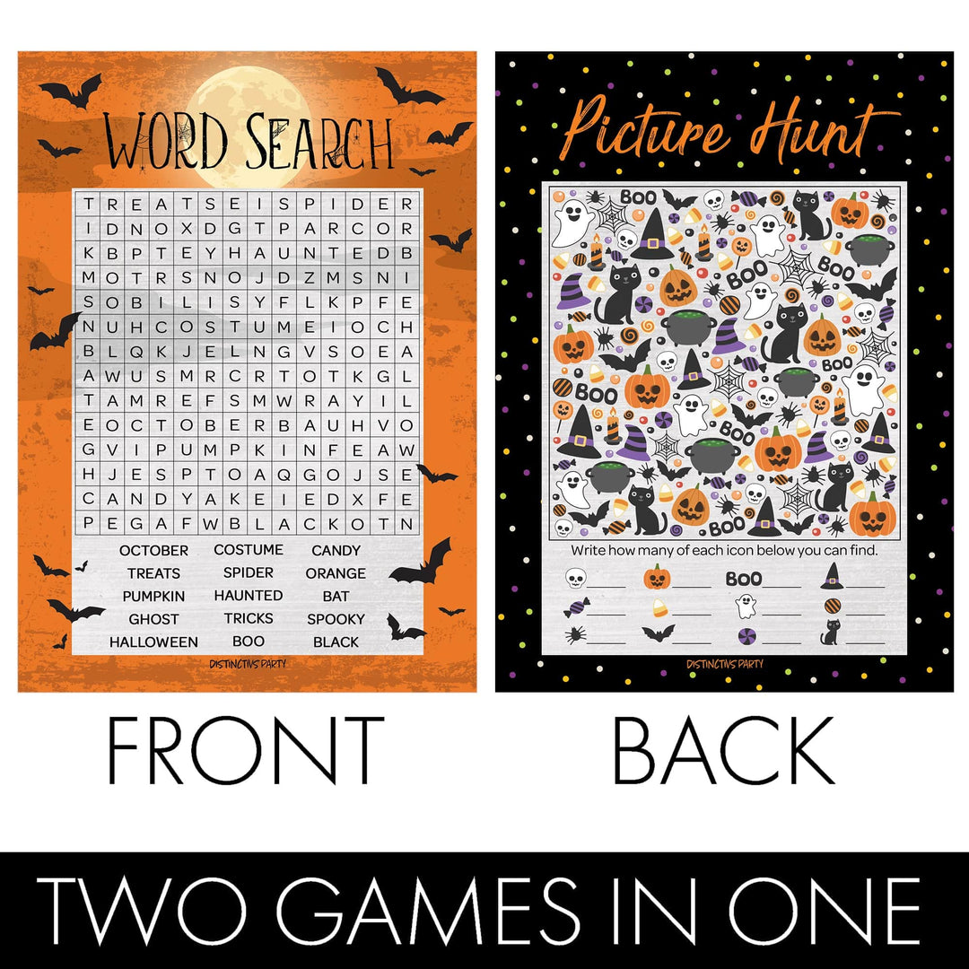 Full Moon: Halloween Party Game - Word Search and Picture Hunt -25 Dual Sided Cards - Distinctivs Party