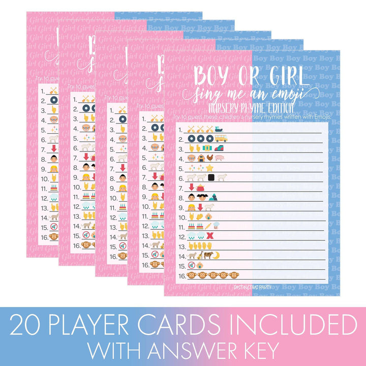 Gender Reveal Party: Emoji Game Cards - Baby Shower Game - 20 Game Cards - Distinctivs Party