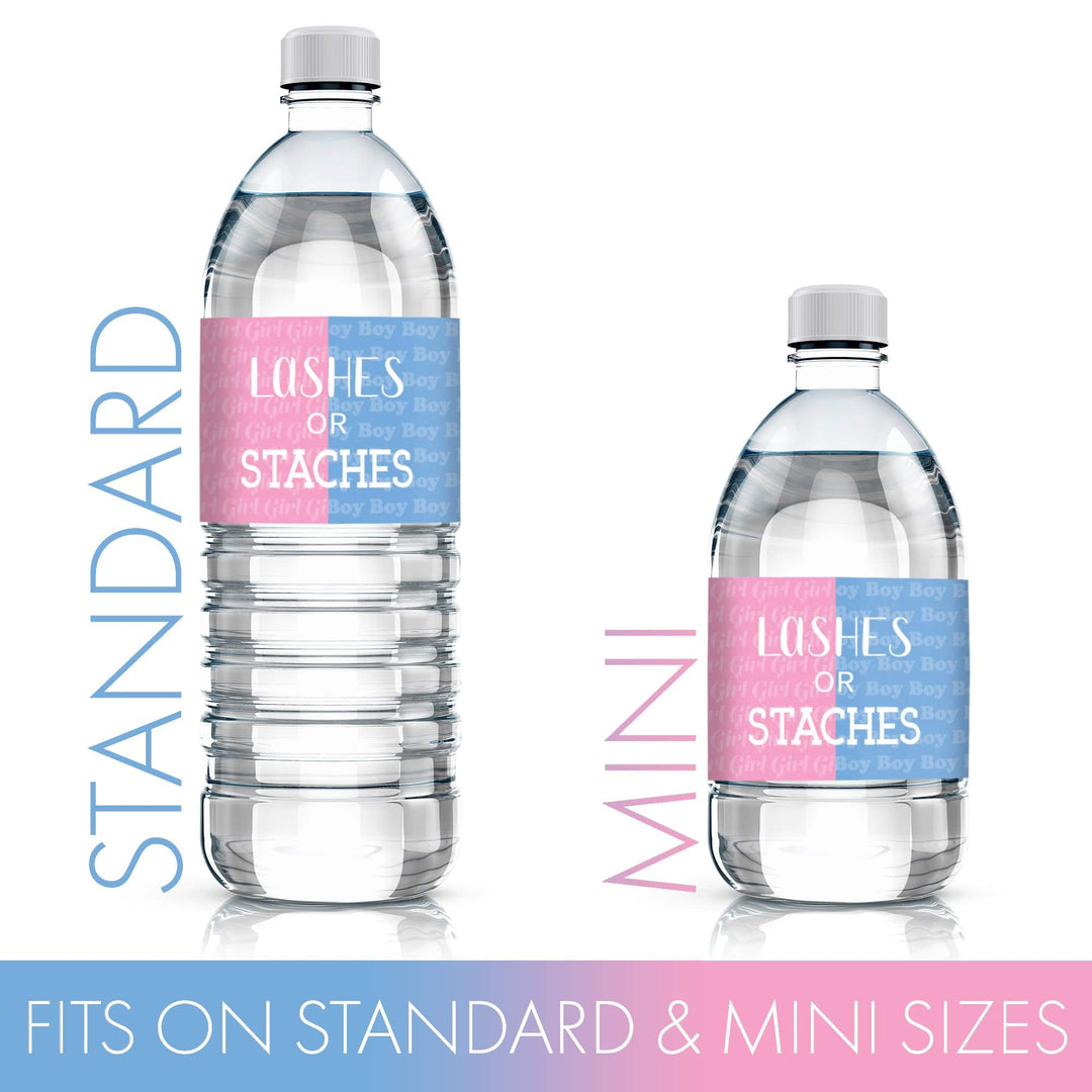 Gender Reveal Party: Lashes or Staches - Team Boy or Girl Baby Shower Stickers - Water Bottle Labels - 24 Waterproof Stickers - Distinctivs Party