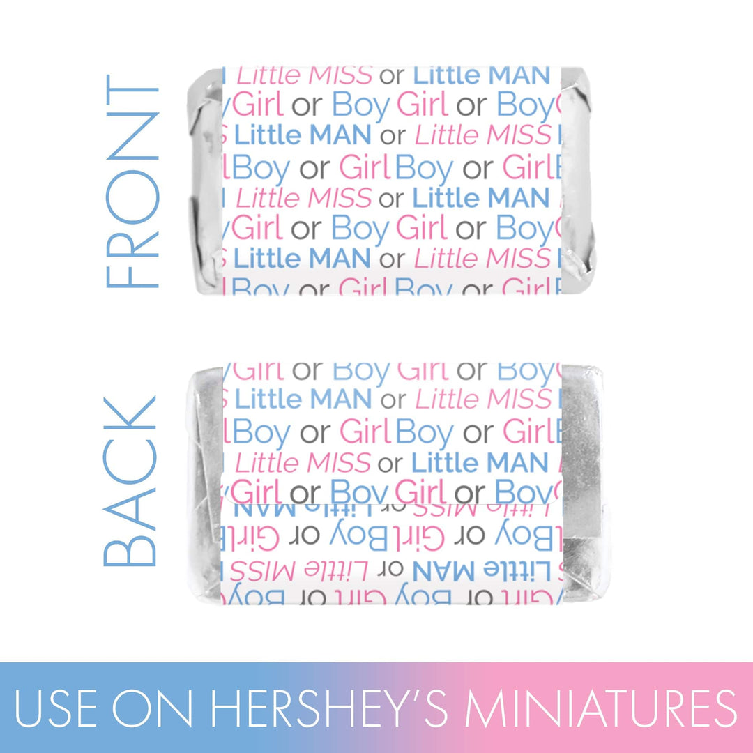 Gender Reveal Party: Little Man or Little Miss - Mini Candy Bar Stickers - Fit on Hershey® Miniatures - 45 Count - Distinctivs Party