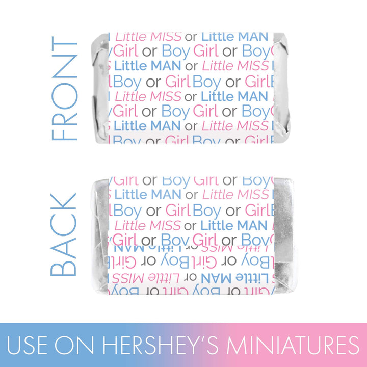 Gender Reveal Party: Little Man or Little Miss - Mini Candy Bar Stickers - Fit on Hershey® Miniatures - 45 Count - Distinctivs Party