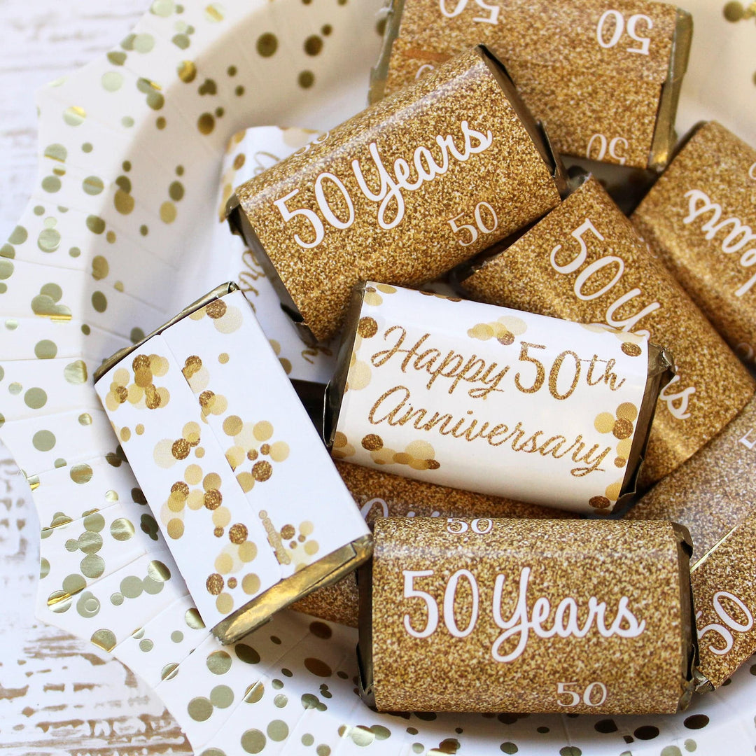 Gold 50th Anniversary: Mini Candy Bar Stickers - 45 Stickers - Distinctivs Party