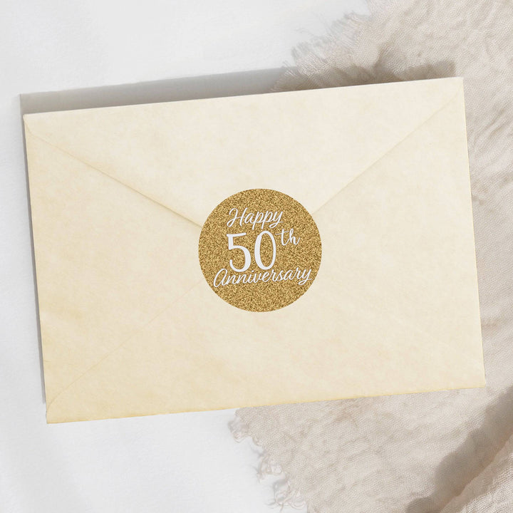 Gold 50th Anniversary: Party Favor Round Labels - 40 Stickers - Distinctivs Party