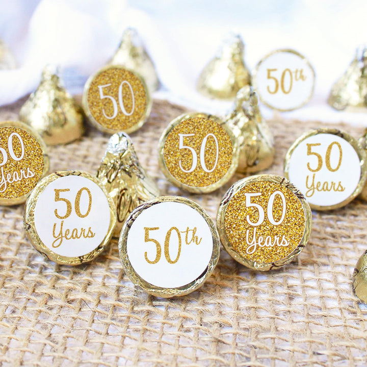 Gold 50th Anniversary: Round Party Favor Stickers -  Fits on Hershey® Kisses - 180 Stickers - Distinctivs Party