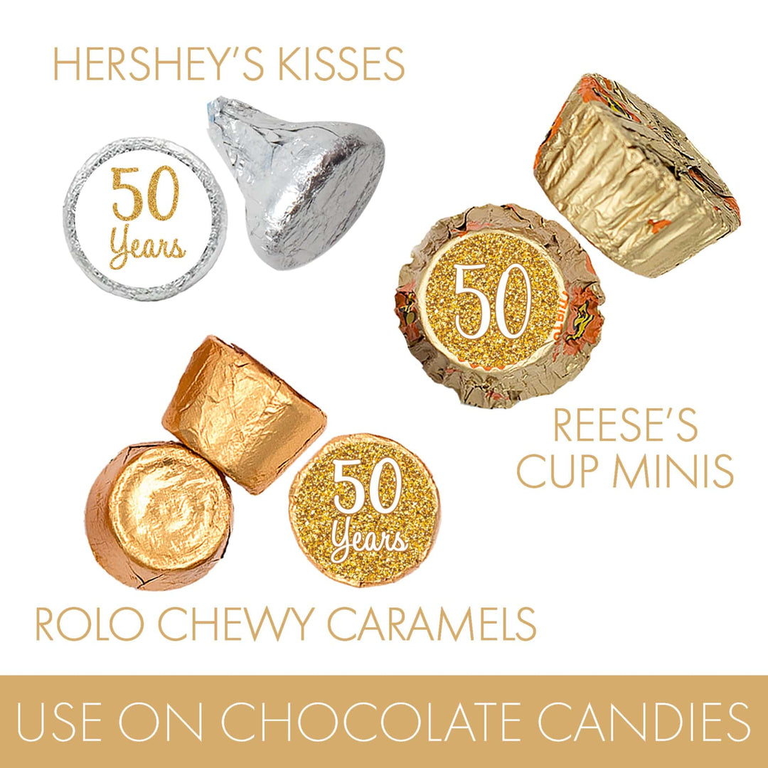 Gold 50th Anniversary: Round Party Favor Stickers -  Fits on Hershey® Kisses - 180 Stickers - Distinctivs Party