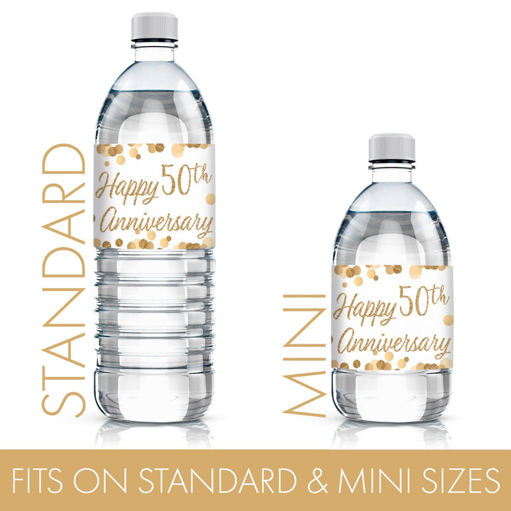 Gold 50th Anniversary: Water Bottle Labels - 24 Waterproof Stickers - Distinctivs Party