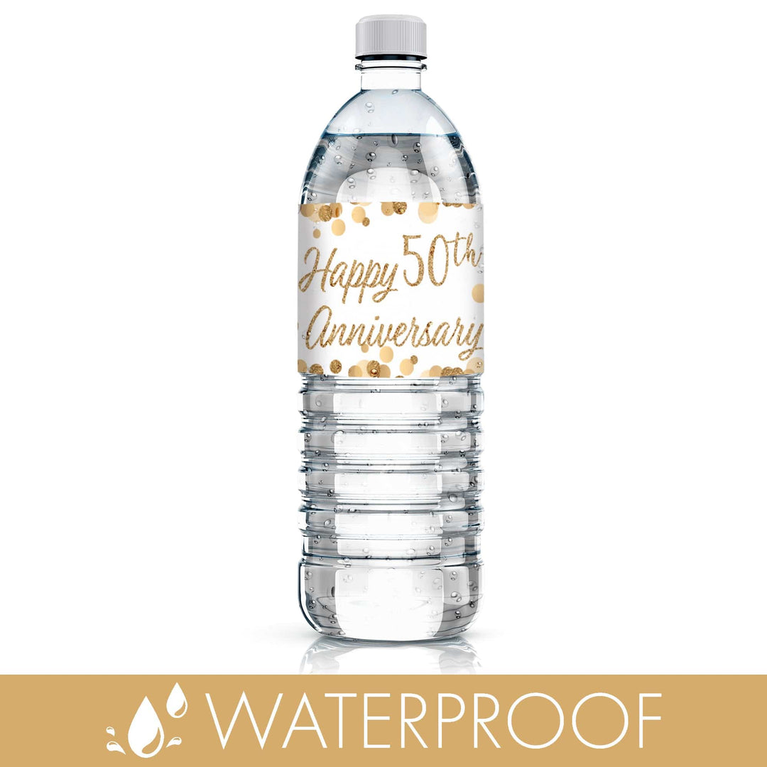 Gold 50th Anniversary: Water Bottle Labels - 24 Waterproof Stickers - Distinctivs Party