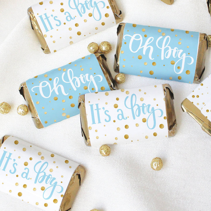 Gold Confetti: Blue -  It's a Boy Baby Shower - Mini Candy Bar Stickers - 45 Stickers - Distinctivs Party
