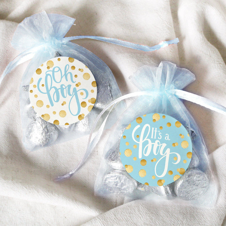 Gold Confetti: Blue - It's a  Boy Baby Shower - Round Labels - 40 Stickers - Distinctivs Party