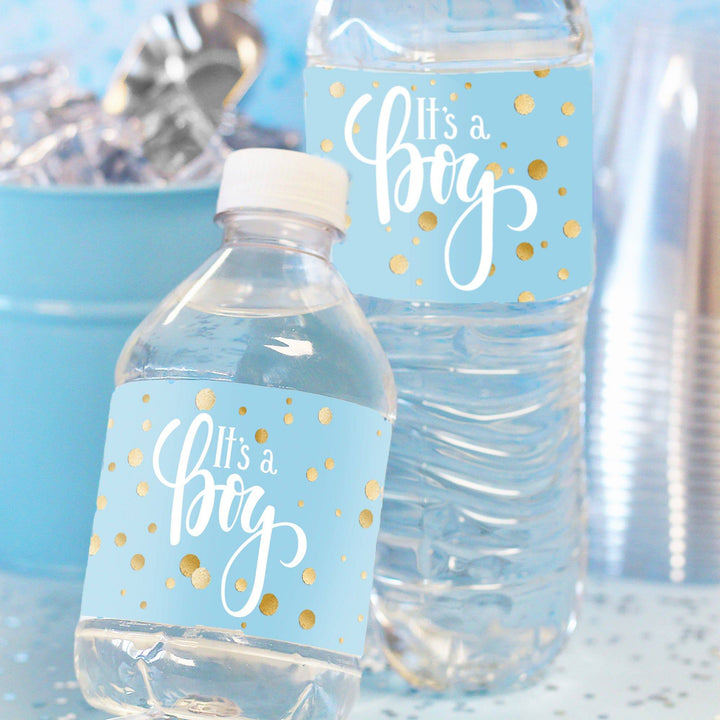Gold Confetti: Blue - It's a Boy Baby Shower - Water Bottle Labels - 24 Stickers - Distinctivs Party