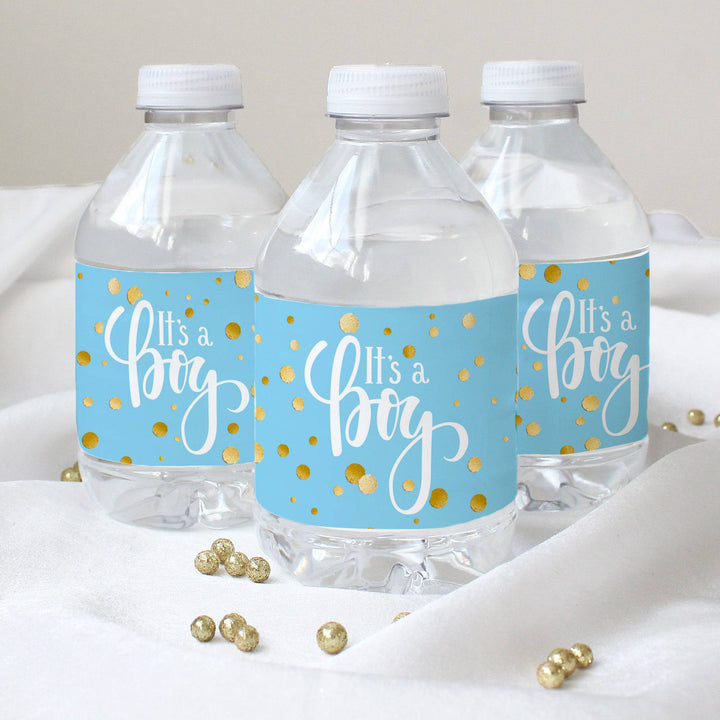 Gold Confetti: Blue - It's a Boy Baby Shower - Water Bottle Labels - 24 Stickers - Distinctivs Party
