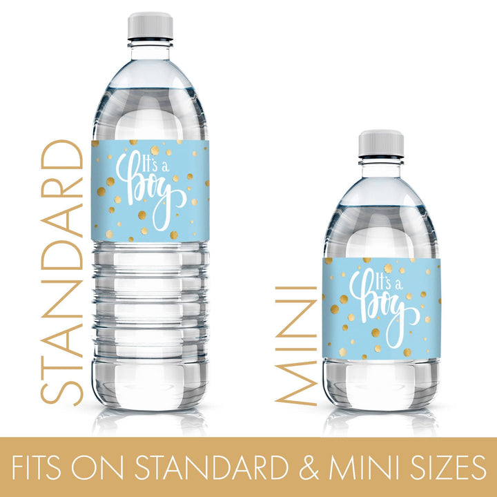 Gold Confetti: Blue - It's a Boy Baby Shower - Water Bottle Labels - 24 Stickers - Distinctivs Party