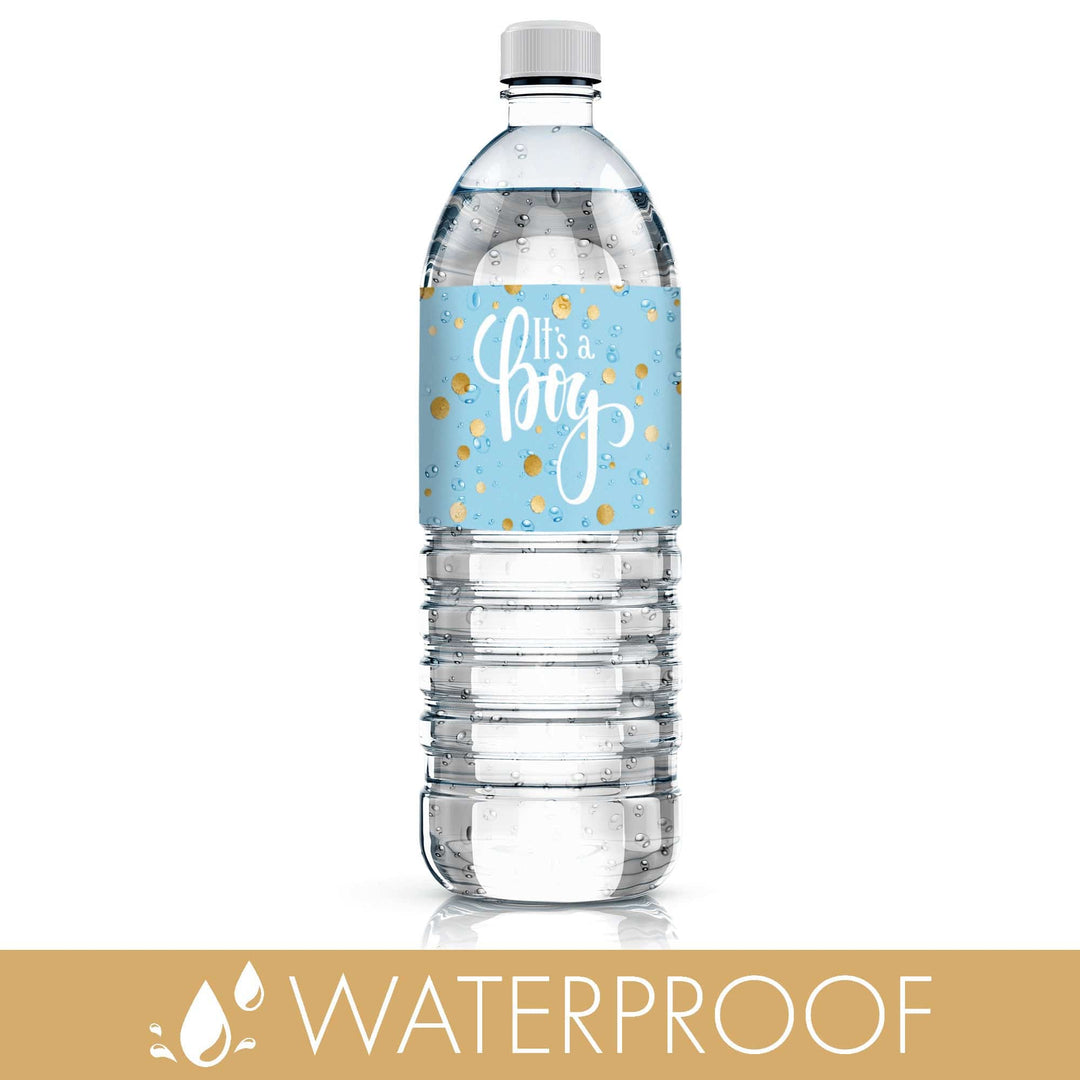 Gold Confetti: Blue - It's a Boy Baby Shower - Water Bottle Labels - 24 Stickers - Distinctivs Party