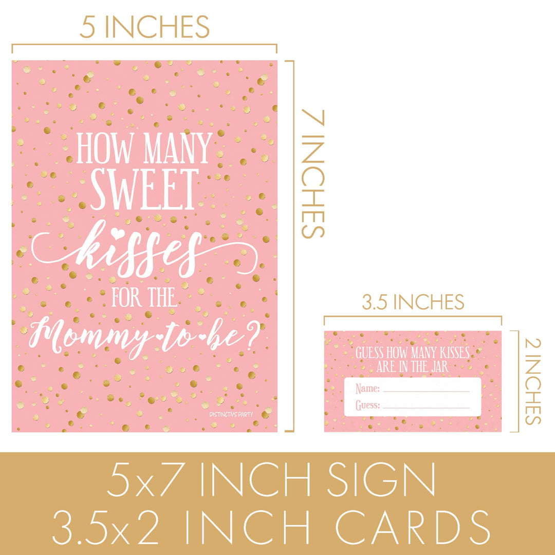 Gold Confetti: Pink How Many Kisses Baby Shower Game Sign + 30 Cards - Distinctivs Party