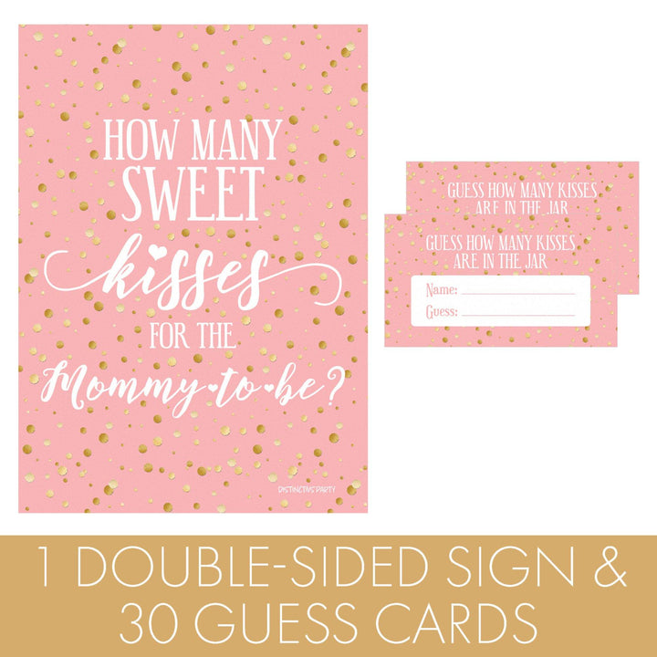 Gold Confetti: Pink How Many Kisses Baby Shower Game Sign + 30 Cards - Distinctivs Party
