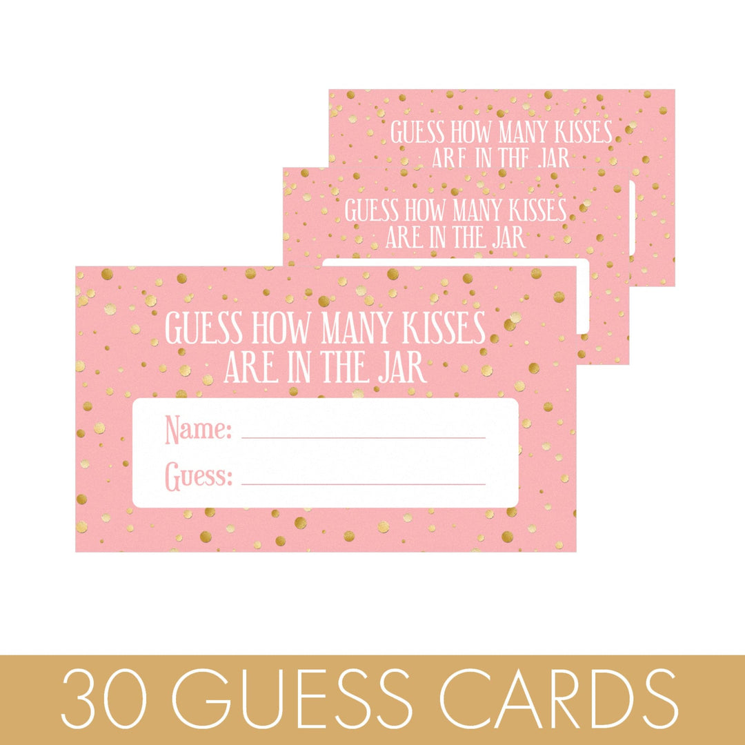 Gold Confetti: Pink How Many Kisses Baby Shower Game Sign + 30 Cards - Distinctivs Party