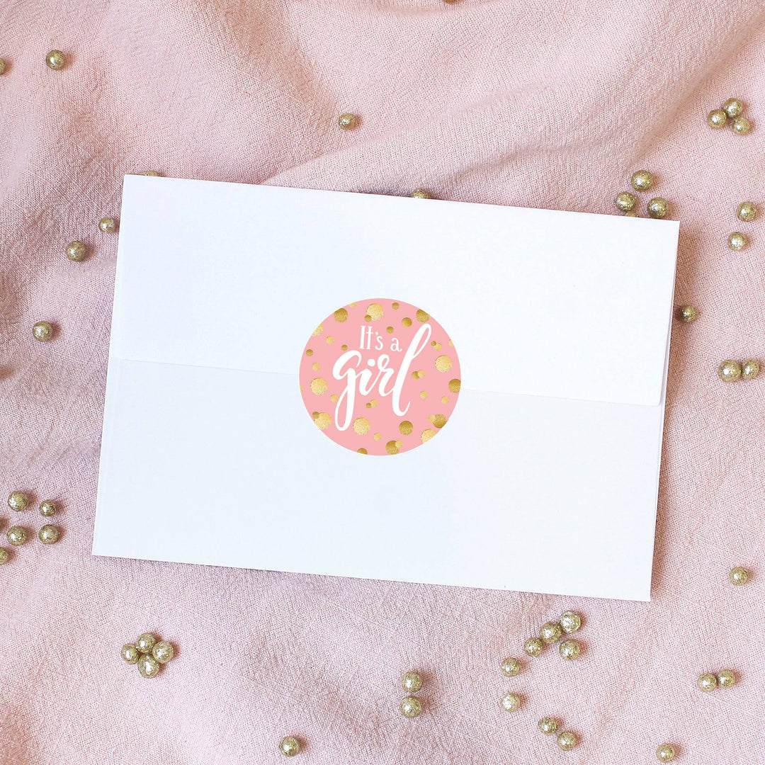 Gold Confetti: Pink - It's a Girl Baby Shower Circle Label Stickers - 40 Stickers - Distinctivs Party