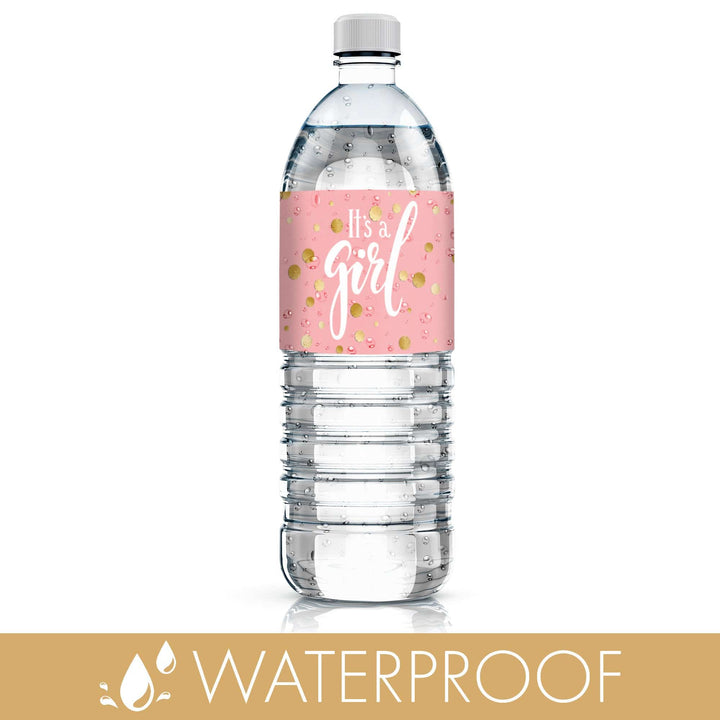 Gold Confetti: Pink -  It's a Girl Baby Shower Water Bottle Labels - 20 Stickers - Distinctivs Party