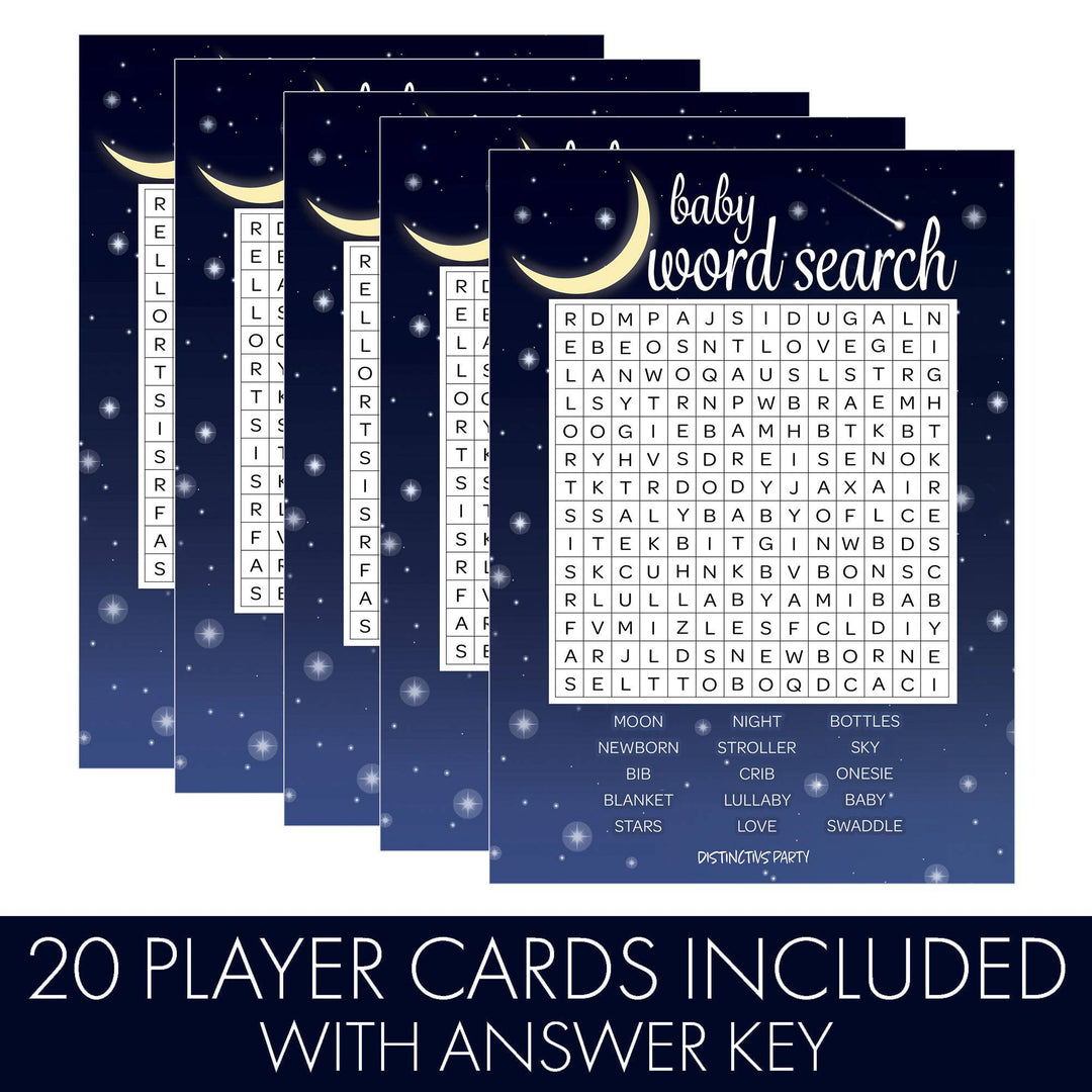 I Love You to the Moon and Back: Baby Shower Game - Word Search - 20 Cards - Distinctivs Party