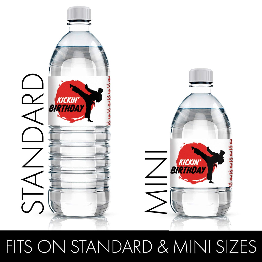 Jump, Kick, Block: Karate -  Kid's Birthday -  Water Bottle Labels - 24 Waterproof Stickers - Distinctivs Party