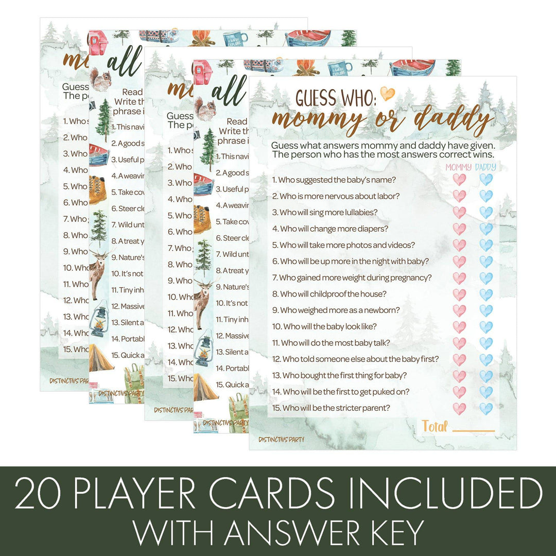 Little Adventurer: Baby Shower Game - "Guess Who" Mommy or Daddy and All Things Wilderness - Two Game Bundle - 20 Dual Sided Cards - Distinctivs Party