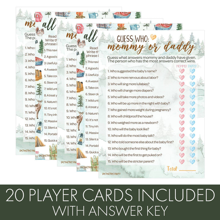 Little Adventurer: Baby Shower Game - "Guess Who" Mommy or Daddy and All Things Wilderness - Two Game Bundle - 20 Dual Sided Cards - Distinctivs Party