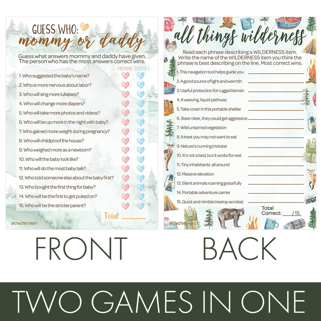 Little Adventurer: Baby Shower Game - "Guess Who" Mommy or Daddy and All Things Wilderness - Two Game Bundle - 20 Dual Sided Cards - Distinctivs Party