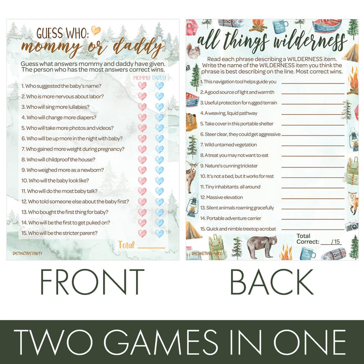 Little Adventurer: Baby Shower Game - "Guess Who" Mommy or Daddy and All Things Wilderness - Two Game Bundle - 20 Dual Sided Cards - Distinctivs Party