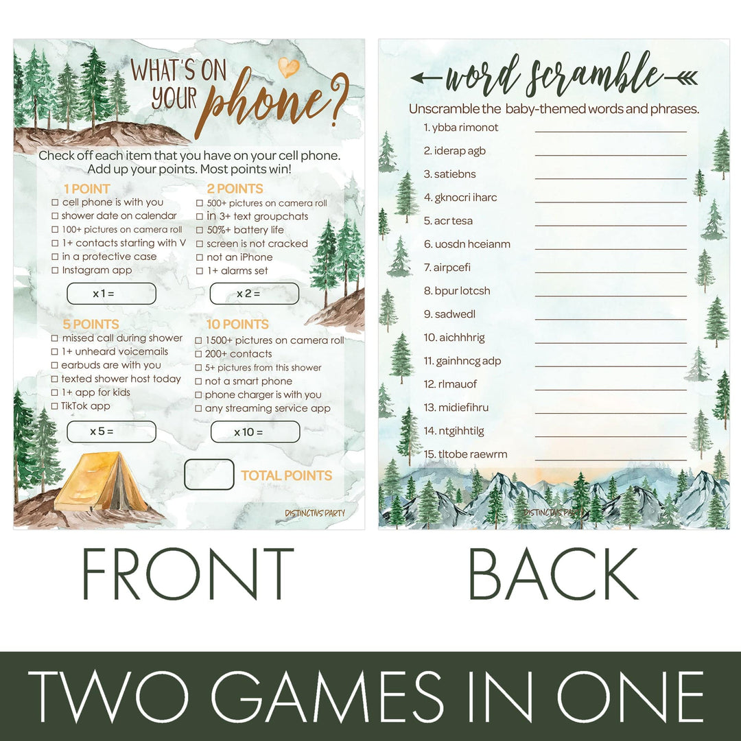 Little Adventurer: Baby Shower Game -What's On Your Phone and Word Scramble -Two Game Bundle - 20 Dual Sided Cards - Distinctivs Party