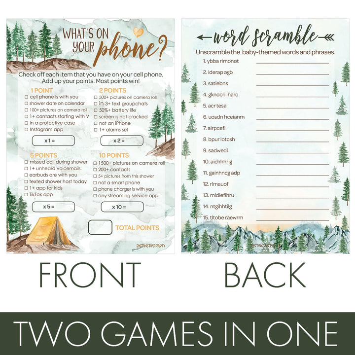 Little Adventurer: Baby Shower Game -What's On Your Phone and Word Scramble -Two Game Bundle - 20 Dual Sided Cards - Distinctivs Party