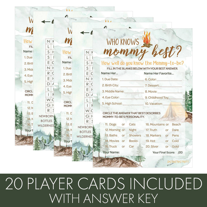 Little Adventurer: Baby Shower Game - Word Search and Who Knows Mommy Best - Two Game Bundle - 20 Dual Sided Cards - Distinctivs Party