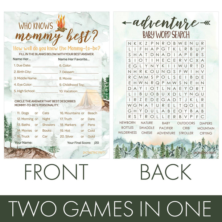 Little Adventurer: Baby Shower Game - Word Search and Who Knows Mommy Best - Two Game Bundle - 20 Dual Sided Cards - Distinctivs Party