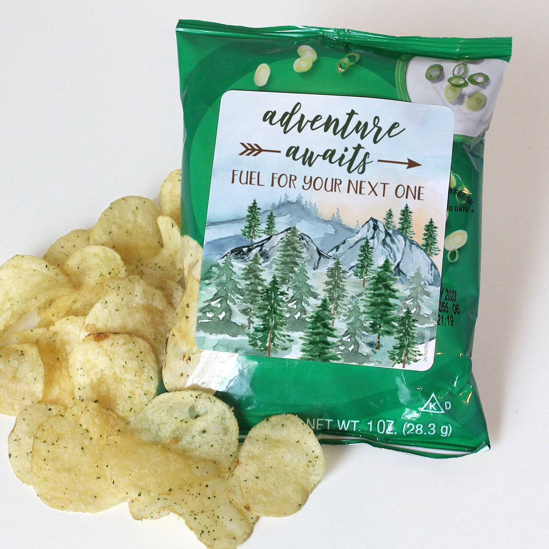Little Adventurer Baby Shower Party Favor Trail Mix Bag Stickers | National Park Party Favors, Mountain Baby Theme Snack Bag Chip Labels - Distinctivs Party