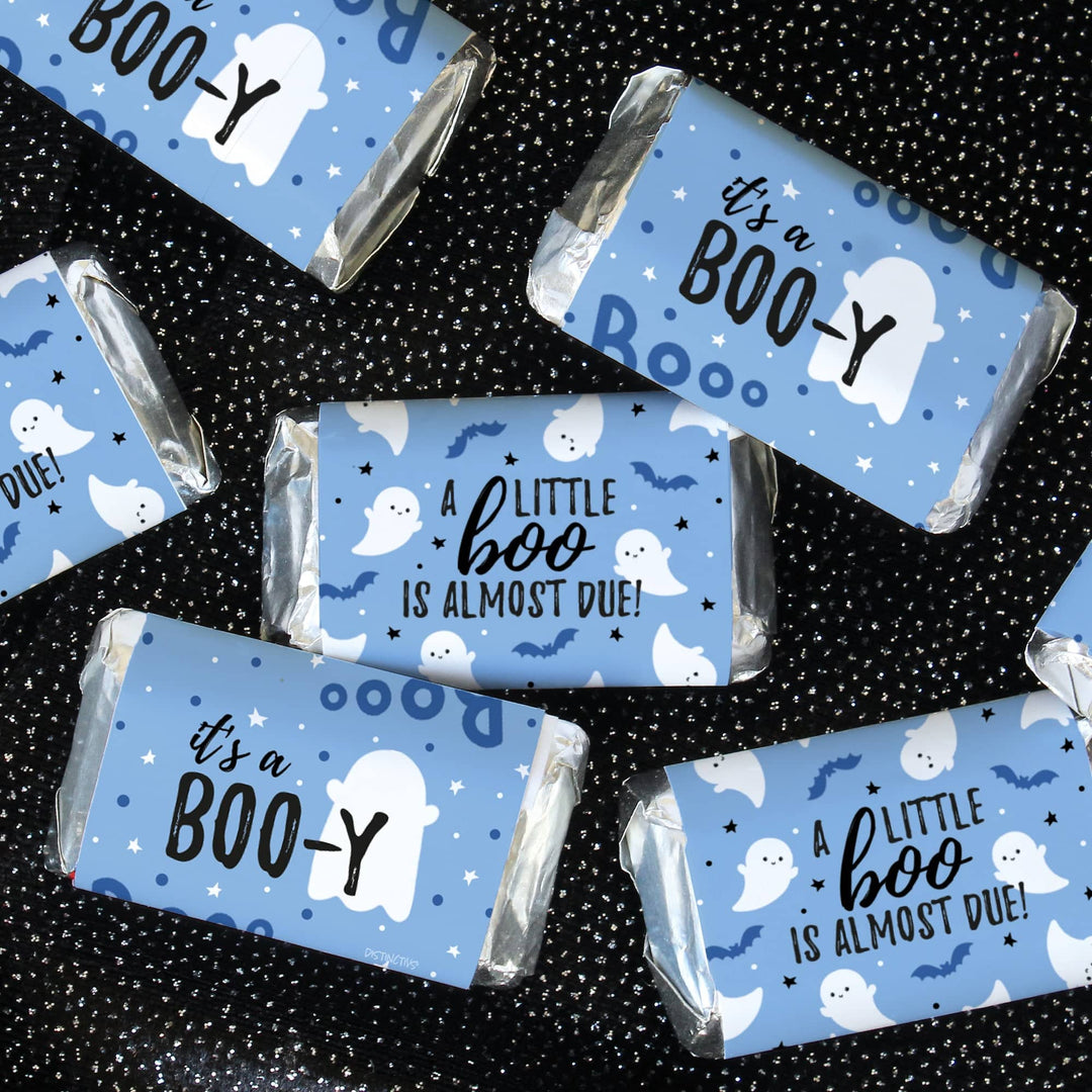 Little Boo: Blue - Boy Baby Shower - Fall Hershey's Miniatures Candy Bar Wrappers Stickers - 45 Stickers - Distinctivs Party