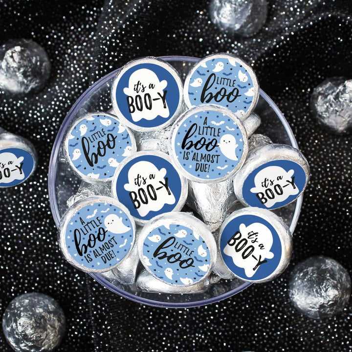 Little Boo: Blue - Boy Baby Shower - Fall Party Favor Stickers - Fits on Hershey's Kisses - 180 Stickers - Distinctivs Party