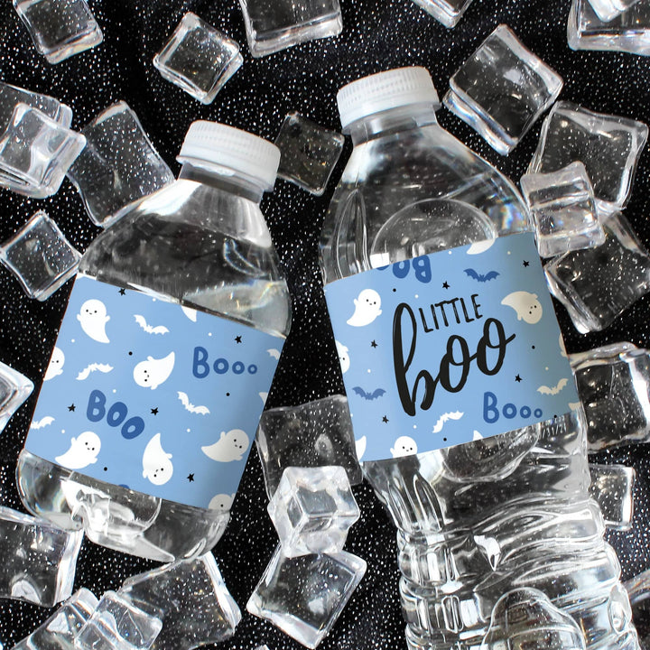 Little Boo: Blue - Boy Baby Shower- Fall Water Bottle Label Stickers - 20 Waterproof Stickers - Distinctivs Party