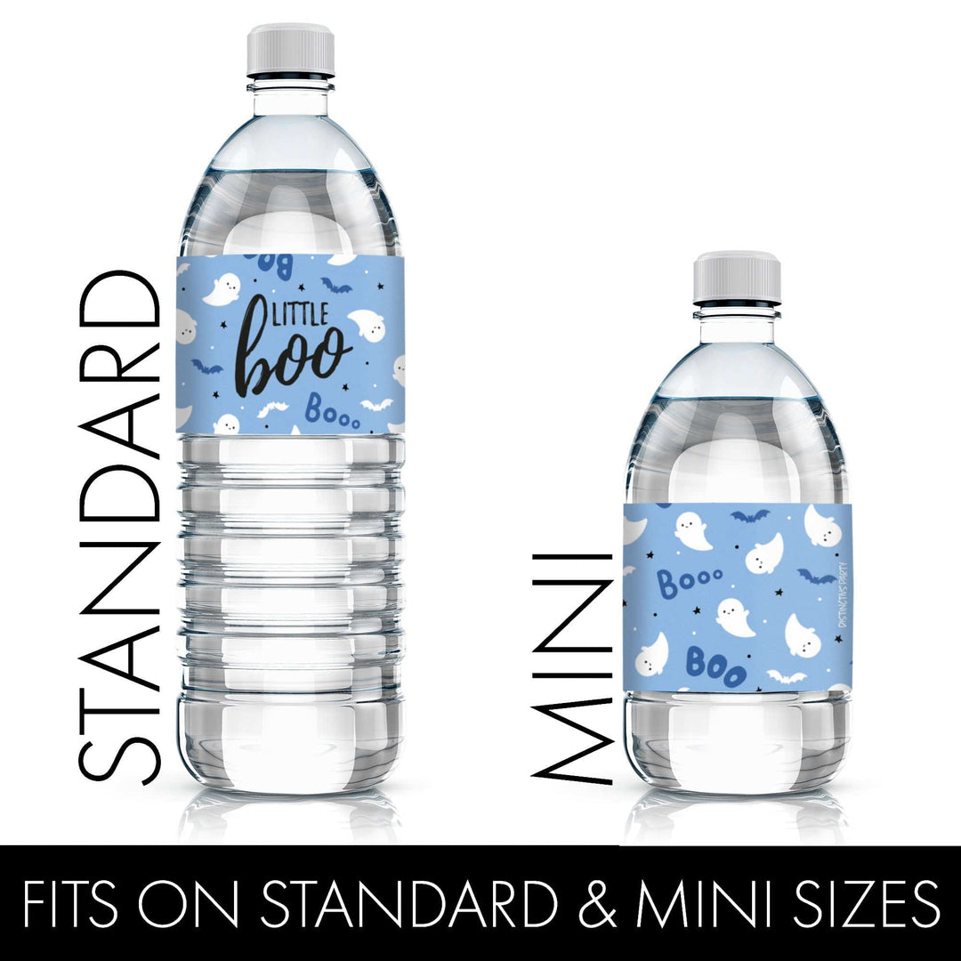 Little Boo: Blue - Boy Baby Shower- Fall Water Bottle Label Stickers - 20 Waterproof Stickers - Distinctivs Party