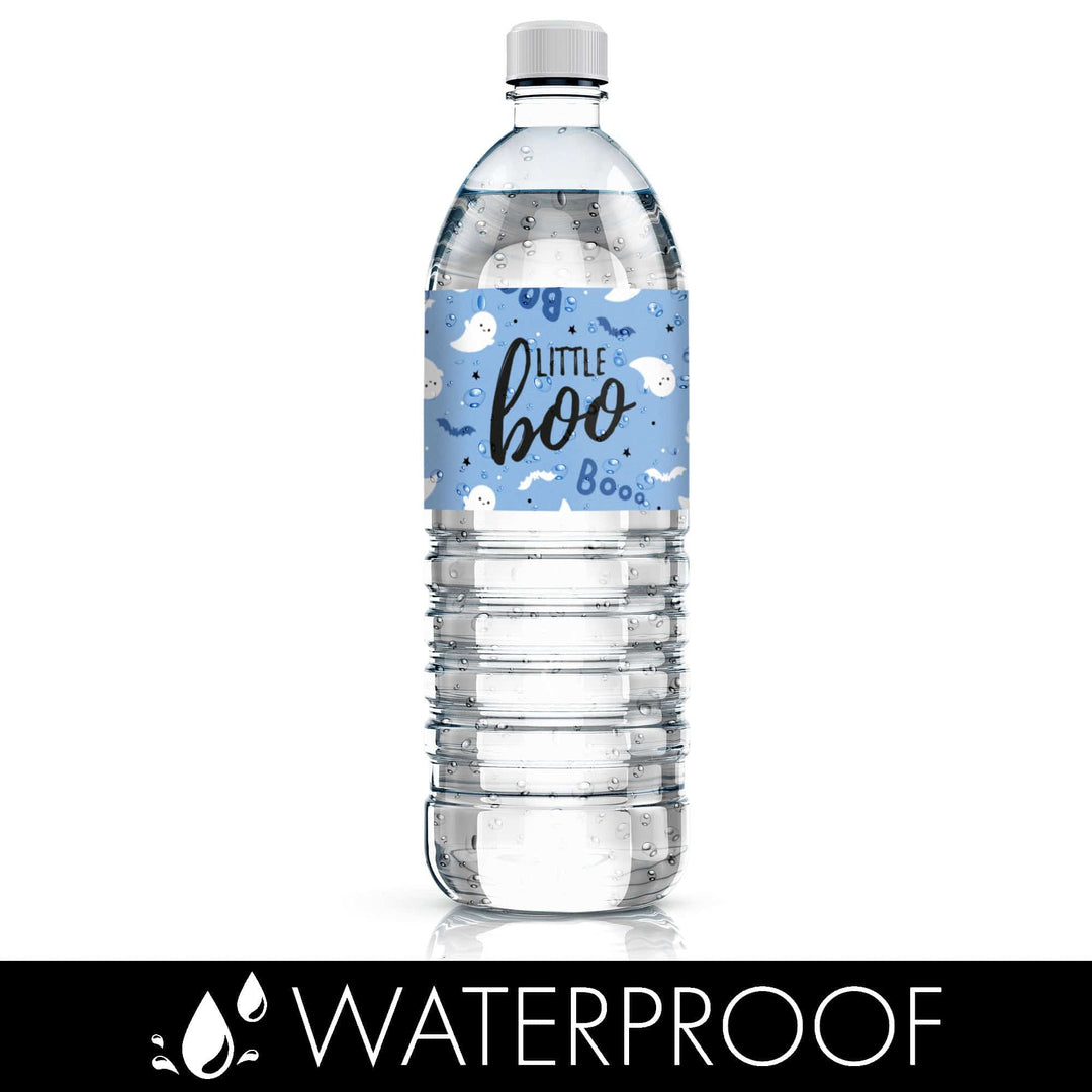Little Boo: Blue - Boy Baby Shower- Fall Water Bottle Label Stickers - 20 Waterproof Stickers - Distinctivs Party