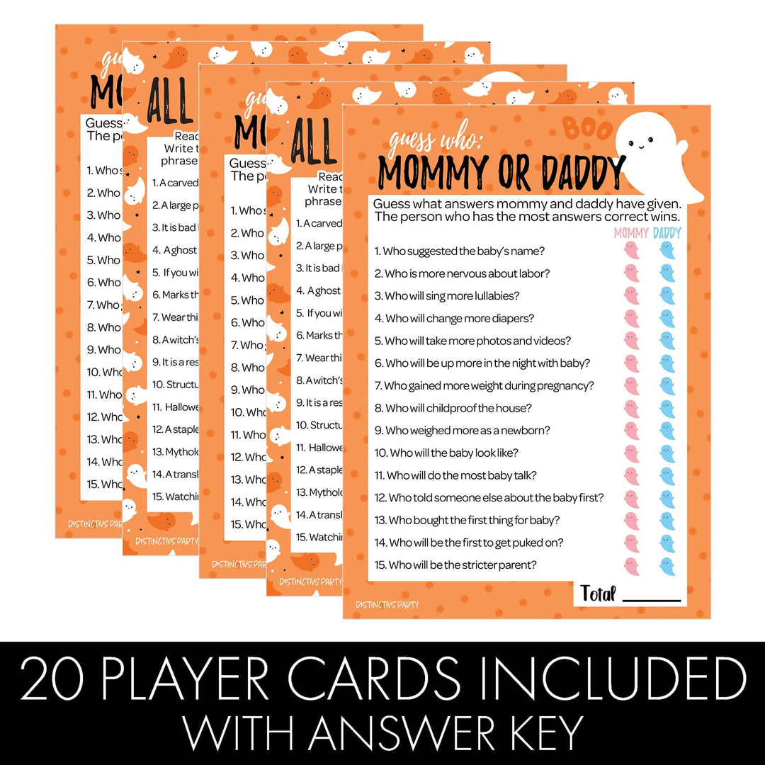 Little Boo: Orange - Baby Shower Game - Fall "Guess Who" Mommy or Daddy and All Things Halloween - Two Game Bundle - 20 Dual Sided Cards - Distinctivs Party