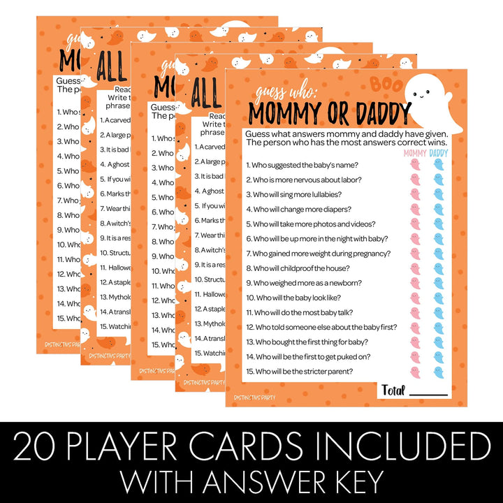 Little Boo: Orange - Baby Shower Game - Fall "Guess Who" Mommy or Daddy and All Things Halloween - Two Game Bundle - 20 Dual Sided Cards - Distinctivs Party