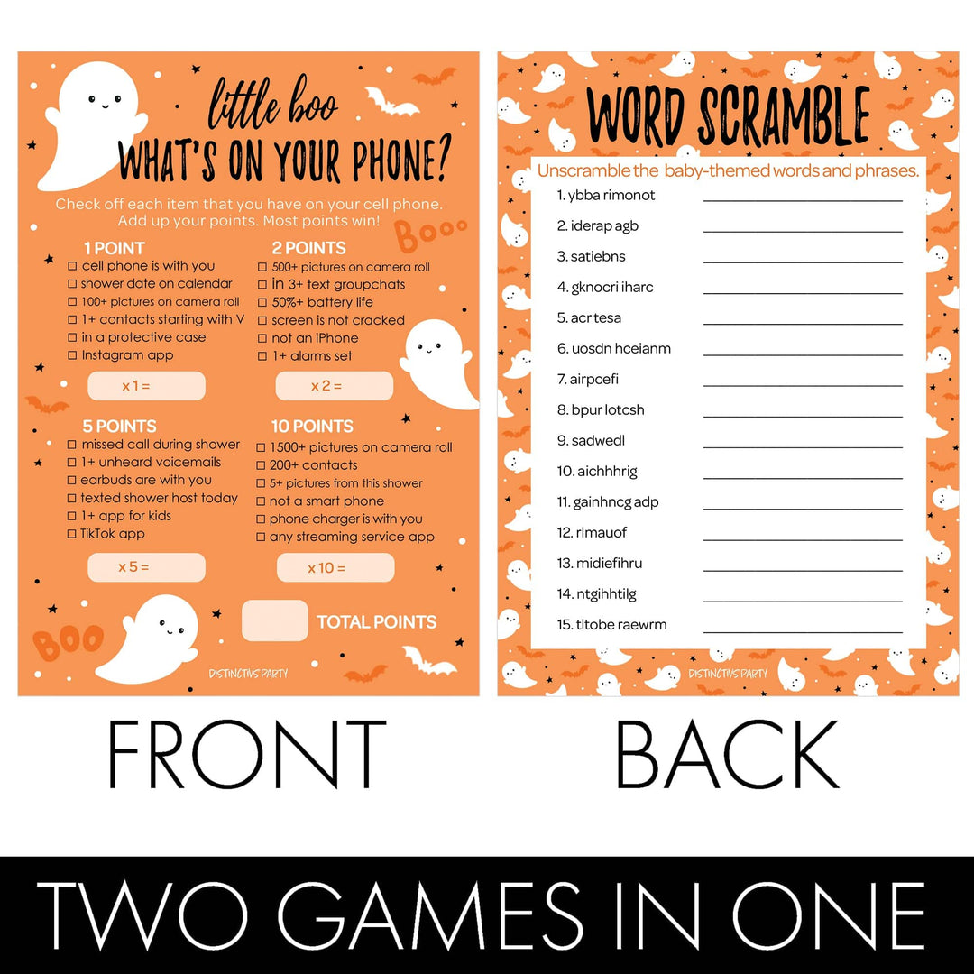 Little Boo: Orange - Baby Shower Game - Fall What's On Your Phone and Word Scramble - Two Game Bundle -  20 Dual Sided Cards - Distinctivs Party