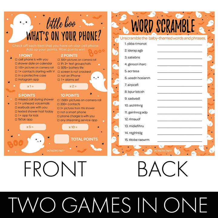 Little Boo: Orange - Baby Shower Game - Fall What's On Your Phone and Word Scramble - Two Game Bundle -  20 Dual Sided Cards - Distinctivs Party