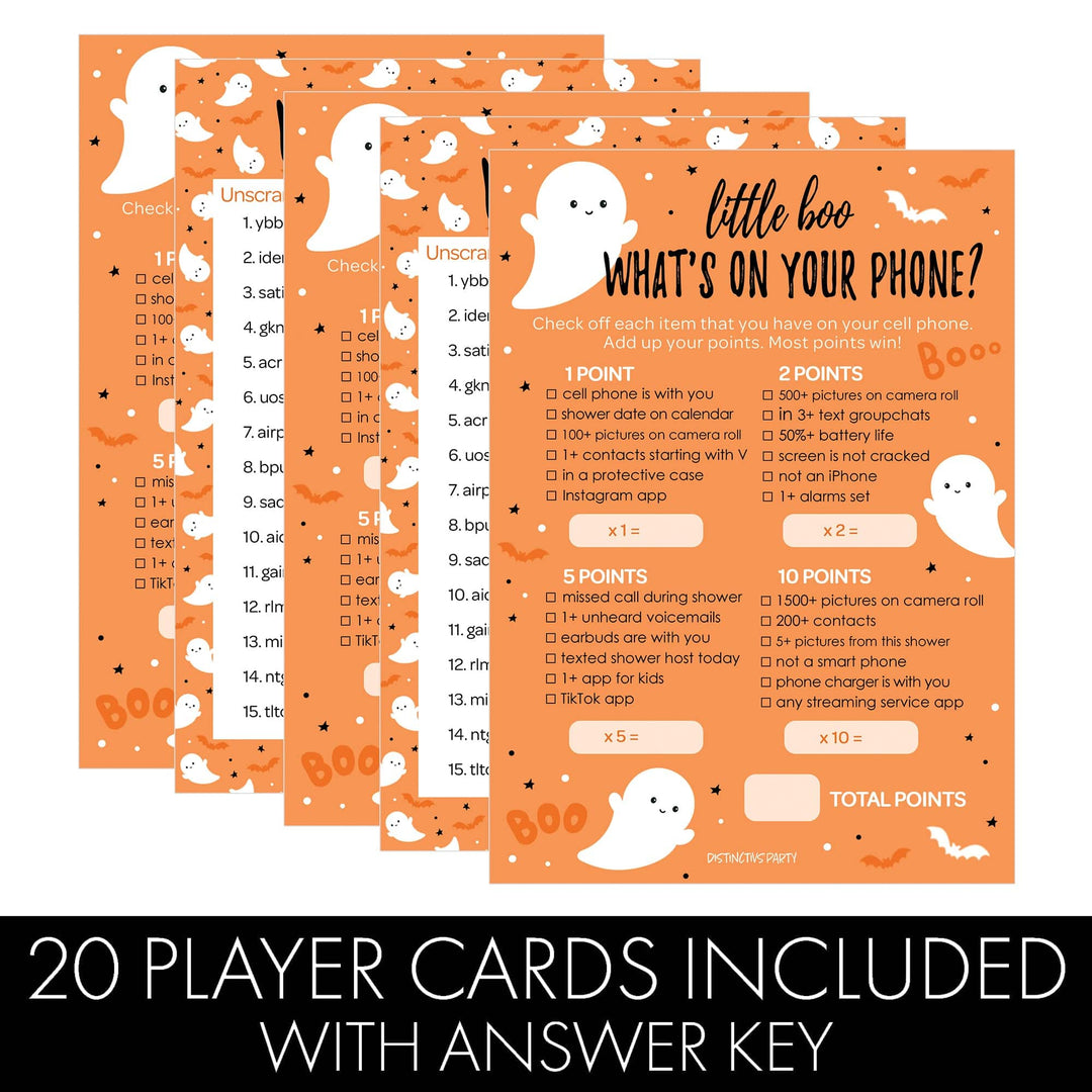 Little Boo: Orange - Baby Shower Game - Fall What's On Your Phone and Word Scramble - Two Game Bundle -  20 Dual Sided Cards - Distinctivs Party