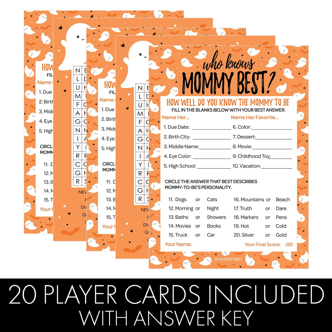 Little Boo: Orange - Baby Shower Game  - Fall Word Search and Who Knows Mommy Best - Two Game Bundle - 20 Dual Sided Cards - Distinctivs Party