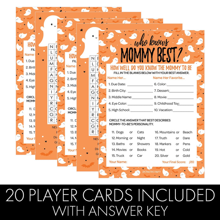 Little Boo: Orange - Baby Shower Game  - Fall Word Search and Who Knows Mommy Best - Two Game Bundle - 20 Dual Sided Cards - Distinctivs Party