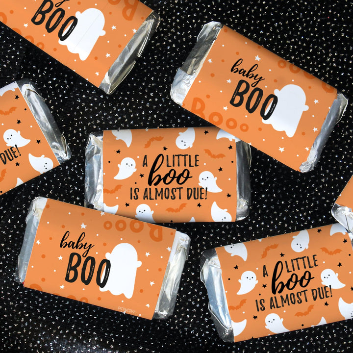 Little Boo: Orange - Baby Shower - Fall Hershey's Miniatures Candy Bar Wrappers Stickers - 45 Stickers - Distinctivs Party